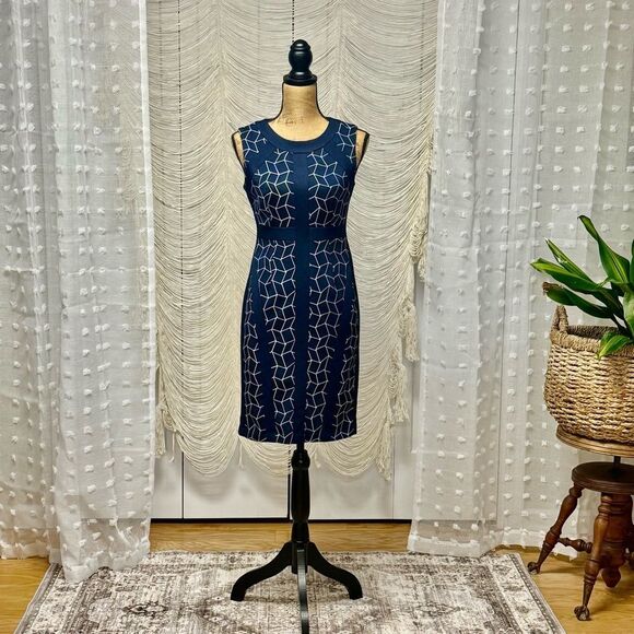 Donna Morgan Navy Geometric Print Sheath Dress – Size 2P Petite - Picture 1 of 7